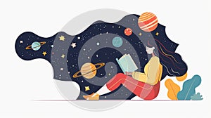 An illustration of a woman reading a book about space, universe, astronomy. This illustration represents imagination