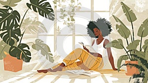 Illustration of Woman Reading Peacefully Among Indoor Plants