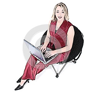 Illustration Woman In Red With Laptop In Black Chair