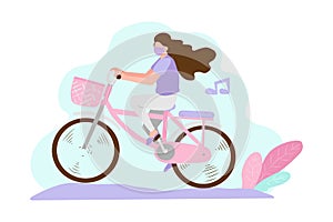 illustration the woman riding bicycle using mask