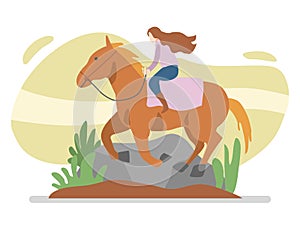 illustration of a woman riding a horse. horse running. suitable for sports, hobbies, friendship themes. flat vector