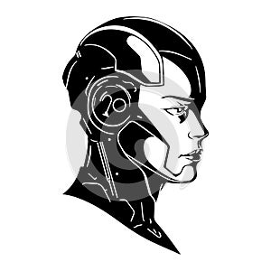 Illustration of woman robot head in black and white style.