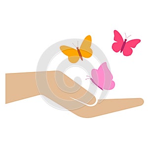 Illustration of a woman\'s hand with colorful butterflies