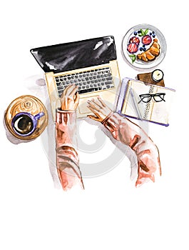 Illustration of Woman`s hands working on laptop at home office, top view