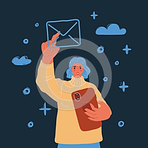 Illustration of Woman sending emails at ninght. photo