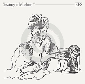 An illustration of a woman sewing on machine