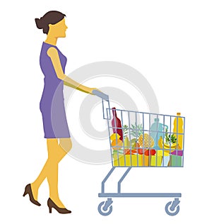 Illustration of a woman shopping in the supermarket, isolated on white