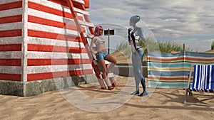 Illustration of a woman in shorts and a halter top leaning against a wood ladder on a beach talking to a blue skin alien in a