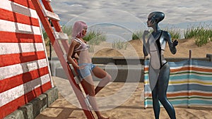 Illustration of a woman in shorts and a halter top leaning against a wood ladder on a beach talking to a blue skin alien in a