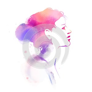 Illustration of woman silhouette plus abstract watercolor. Fashion logo. Digital art painting