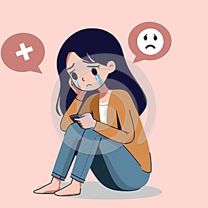 illustration of a woman sitting and crying while playing with her cellphone