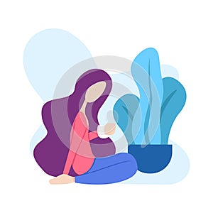 Illustration of a woman sitting relaxed drinking a glass of coffee or tea in front of a tree. can for modern webpages and addition