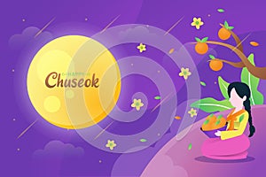 Illustration of woman sitting while staring to the moon under orange tree and flowers while celebrate Chuseok day