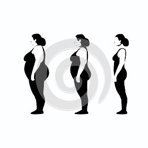 illustration of woman stages of weight loss. The woman is thin and overweight.