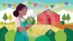 An illustration of a woman standing in a field picking fresh collard greens a staple vegetable in Juneteenth cuisine. In