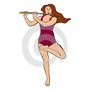 Illustration of woman staying in Vrikshasana and playing flute