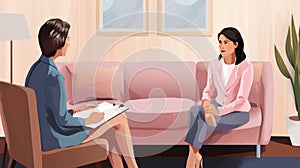 Illustration a Woman talking to therapist. AI Generated