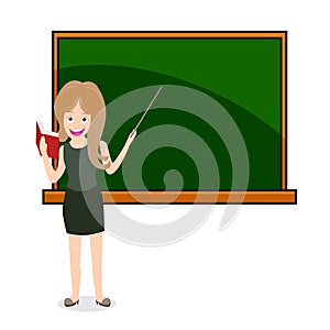Illustration of a woman teacher at a chalkboard. Holding book and stick.