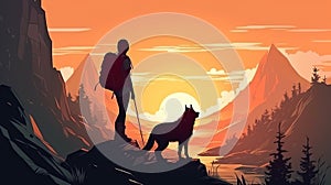 illustration of a woman traveler with a hiking backpack and a dog at sunset in the mountains