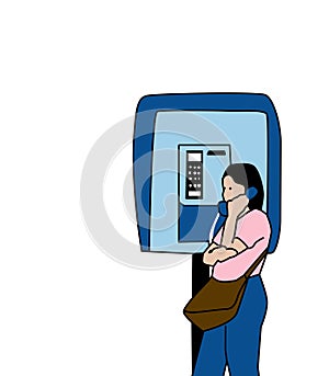 illustration of a woman using a public telephone service in the past