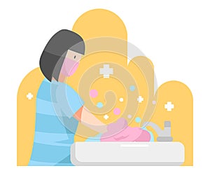 illustration of woman washing hand with soap in the sink. maintain health protocols. flat vector