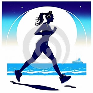 Illustration of a woman wearing headphones jogging on the beach