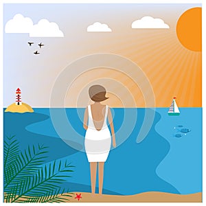 Illustration with woman wearing in a white dress standing on the beach.