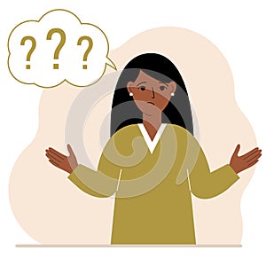 Illustration of a woman who is confused, questioning. Want to find answers. People around the question mark. Woman