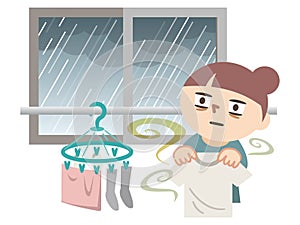 Illustration of a woman who is stunned because she cannot dry her clothes due to rain
