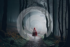 Illustration of a woman who walks alone in the middle of the forest at night, spooky mood. Female loneliness metaphor. Ai