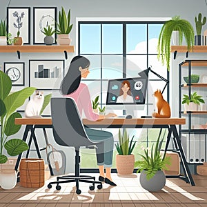 Illustration of woman working on laptop from the home office with the cat.