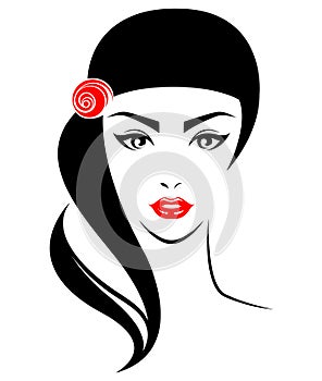 Illustration of women long hair style with flower icon, logo women face