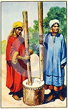 Illustration of women pounding rice