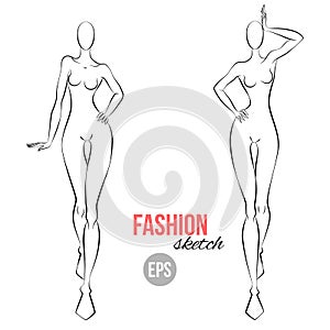Illustration of women`s figure for designers of clothes. Outline girl model template for fashion sketching. Vector illustration.
