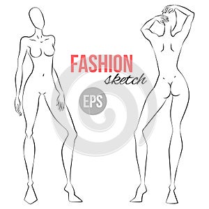 Illustration of women`s figure. Outline girl model template for fashion sketching. Front and back sides.