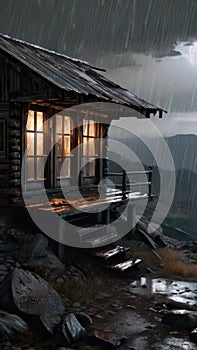 Illustration of a wooden cabin on top of a mountain