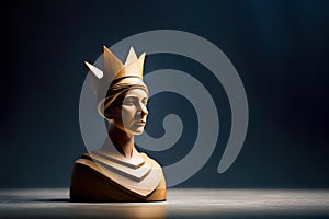 Illustration of a wooden carving of a queen chess piece with a realistic female human face and a crown