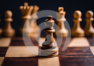 Illustration of wooden chess pieces on a chess board, dark blurred background.