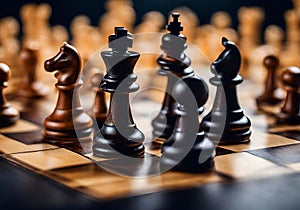 Illustration of wooden chess pieces on a chess board, dark blurred background.