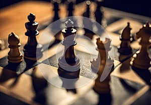 Illustration of wooden chess pieces on a chess board, dark blurred background.