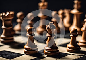 Illustration of wooden chess pieces on a chess board, dark blurred background.