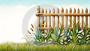 Illustration of a wooden fence and lush vegetation