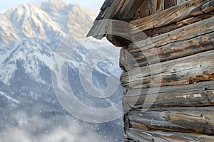 illustration of a wooden hut in the snowy mountains. Generative AI
