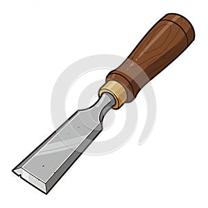 Illustration of a woodworking chisel. It features a sharp, flat metal blade with beveled