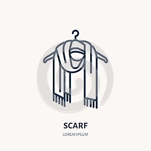 Illustration of woolen scarf. Knitted clothing shop line logo. Vector flat sign for atelier or garment shop