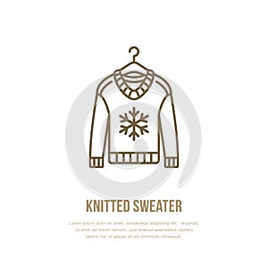 Illustration of woolen sweater. Knitted clothing shop line logo. Vector flat sign for atelier or garment shop
