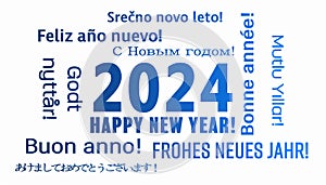 Illustration of a word cloud with the message happy new year in blue and in different languages