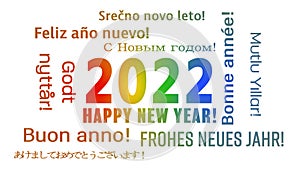 Illustration of a word cloud with the message happy new year in colorful and in different languages