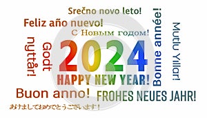 Illustration of a word cloud with the message happy new year in colorful and in different languages