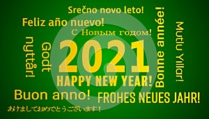 Illustration of a word cloud with the message happy new year in gold and in different languages